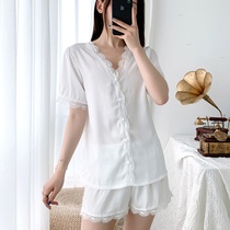 Silk satin pajamas female 2021 new sexy lace lace summer thin short sleeve pants Silk Home suit
