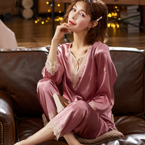 2021 new silk pajamas Womens Spring and Autumn long sleeves thin lace V collar sexy two-piece Ice Silk Home clothing summer