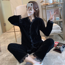 2021 New golden velvet pajamas womens spring and autumn two-piece Korean sweet black home clothes can be worn outside autumn and winter
