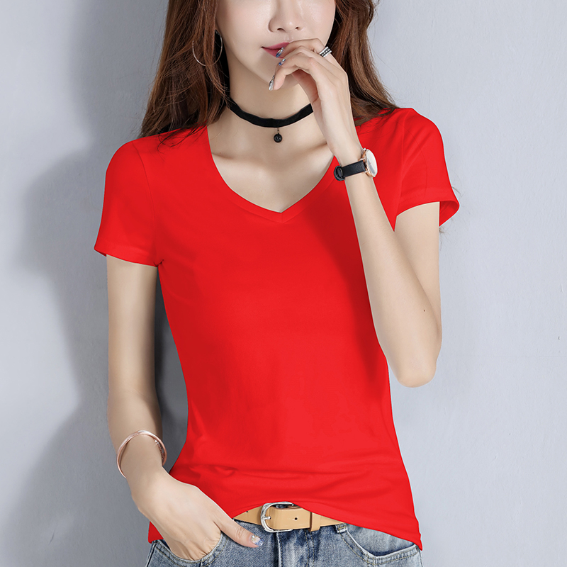 images 12:Pure cotton black t-shirt girl summer short-sleeved V-sharp tights 2022 chicken heart-take half-sleeved T-shirt thin body images 12:Pure cotton black t-shirt girl summer short-sleeved V-sharp tights 2022 chicken heart-take half-sleeved T-shirt thin body
