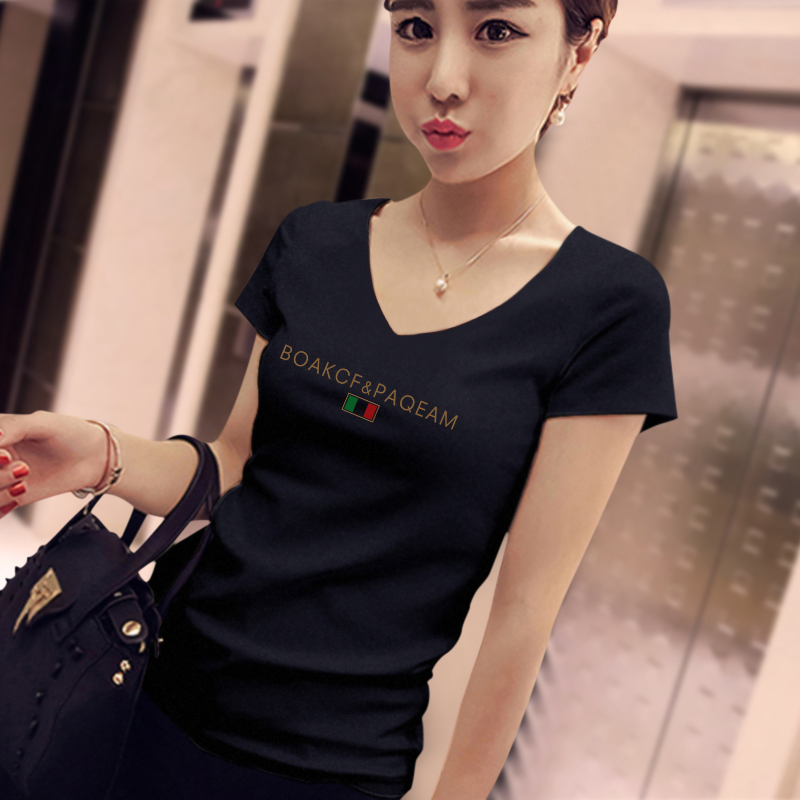 images 0:Net red compassion Black V-collar short-sleeved pure cotton T-shirt nun design sensed little half-sleeved low-collar top images 0:Net red compassion Black V-collar short-sleeved pure cotton T-shirt nun design sensed little half-sleeved low-collar top