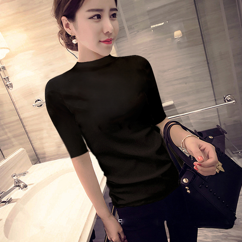 images 1:Five-point bottom-up shirt girl spring and autumn 2022 new selfish Korean version half-collar black medium-sleeved top-fitted t-shirt images 1:Five-point bottom-up shirt girl spring and autumn 2022 new selfish Korean version half-collar black medium-sleeved top-fitted t-shirt