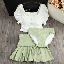 Korean hot spring swimsuit sexy small breasts gathered to cover the belly thin short sleeve skirt split swimsuit womens three-piece set