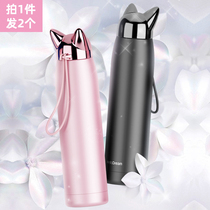 Cute cat ear thermos cup student couple creative drinking cup convenient hand rope stainless steel cartoon thermos cup