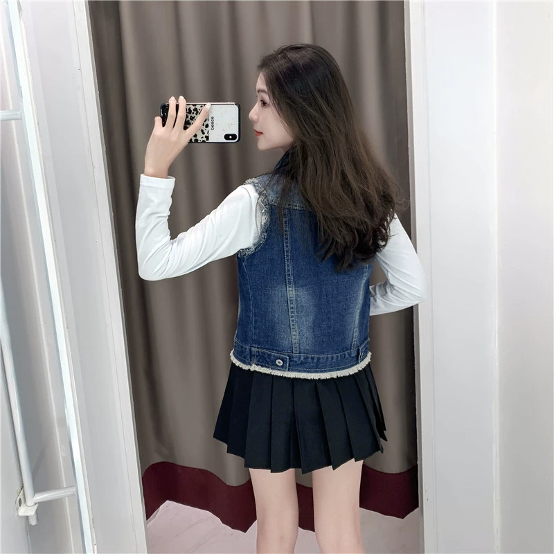 Áo khoác denim nữ mặc mùa xuân và mùa thu phiên bản Hàn Quốc mỏng của áo vest nữ kết hợp tất cả các lỗ trong áo khoác ghi lê không tay áo khoác đầu mùa thu - Áo vest