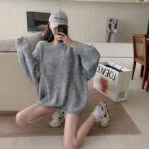 Gray loose large size womens pullover lazy Hong Kong wind in the long section of the Korean version of the foreign sweater womens long-sleeved top tide