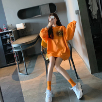 Large size womens loose pullover fashion printing 2019 medium and long wild orange long sleeve student sweater women