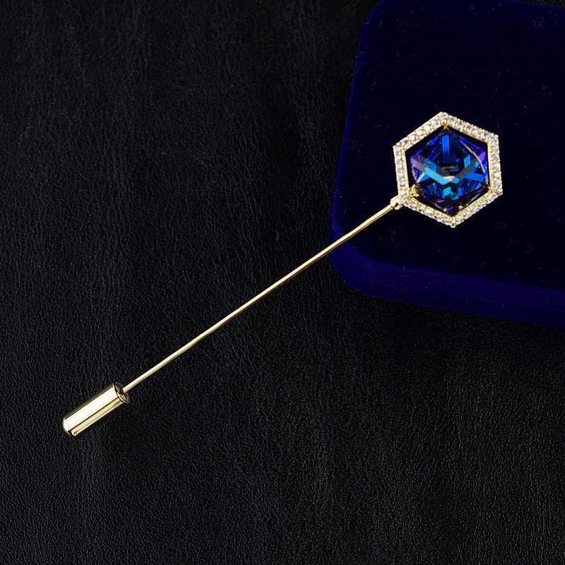 高档男士胸针蓝色奥地利水晶胸花插针式一字别针围巾扣西装配饰女