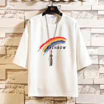 Rainbow short sleeve t-shirt men's trendy brand personality fashion ins chiffon three-quarter sleeve Korean style couple six-quarter sleeve top