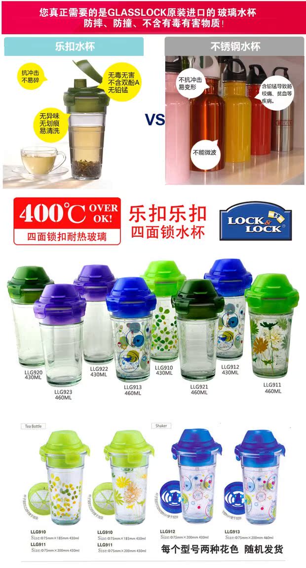 乐扣乐扣格拉斯水杯耐热玻璃杯430ml 创意摇摇杯子llg922 920_7折现价
