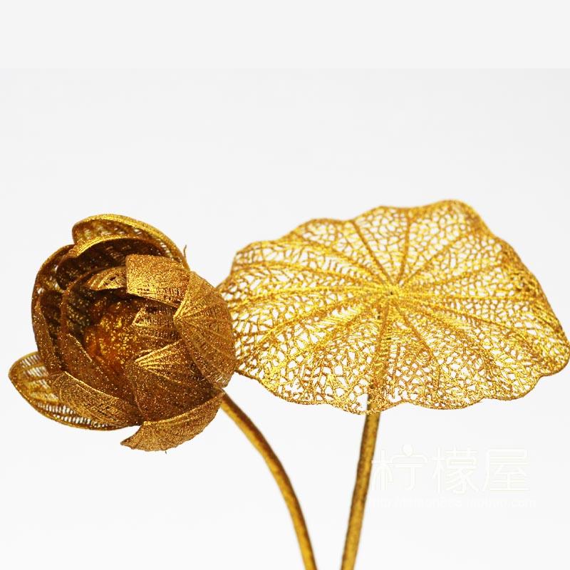 电镀喷金 仿真荷花荷叶 落地装饰花 丝网假花 供佛摆放 特价