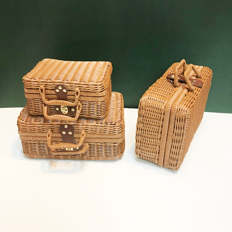 手工藤编收纳箱储物箱道具箱整理箱藤编箱野餐篮手提箱竹编编织箱