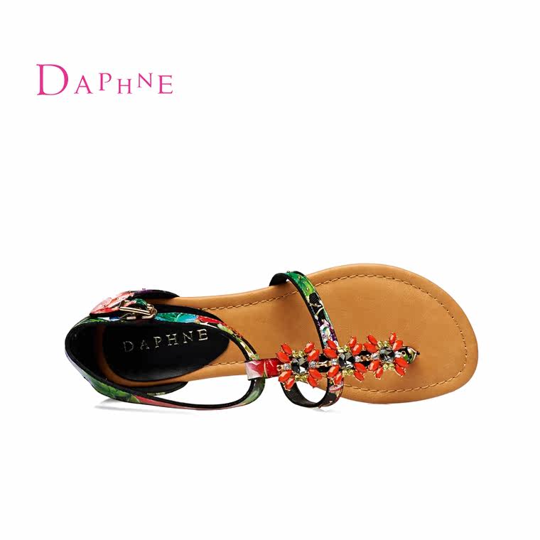 Daphne/达芙妮夏季新款 夹趾平底彩钻丁字扣包跟女凉鞋1015303134