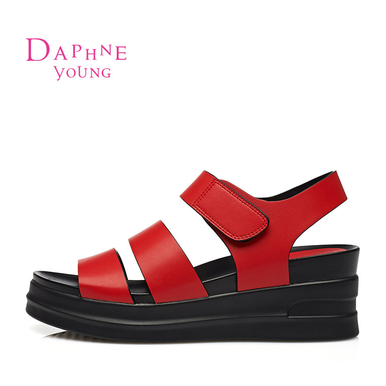 Daphne/达芙妮2015夏季新款女鞋 休闲中坡跟松糕底厚底魔术贴凉鞋
