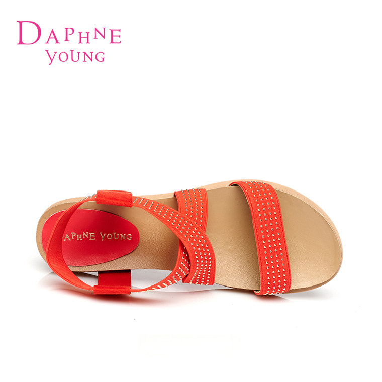 Daphne/达芙妮2015夏款女凉鞋 时尚低跟布面铆钉交叉绑带露趾凉鞋