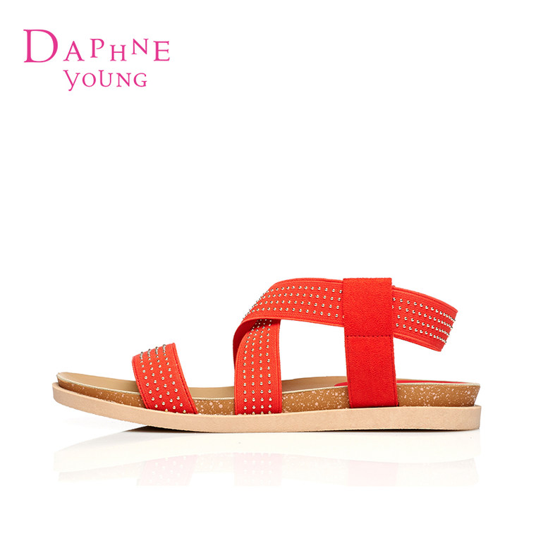 Daphne/达芙妮2015夏款女凉鞋 时尚低跟布面铆钉交叉绑带露趾凉鞋