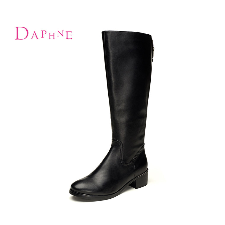 Daphne/达芙妮2015专柜女靴 欧美风低跟圆头侧拉链牛皮长筒骑士靴