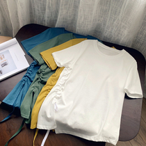 Nine buckle large size womens clothing 2020 summer new fat increase solid color round neck irregular drawstring short sleeve T533