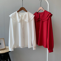 Nine buckle plus size womens retro classic doll collar shirt pearl buckle fat mm ruffle collar long sleeve Chiffon shirt 609