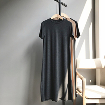 nine buckle fashion large size womens summer new modal cotton short-sleeved small A solid color long T-shirt base skirt 852