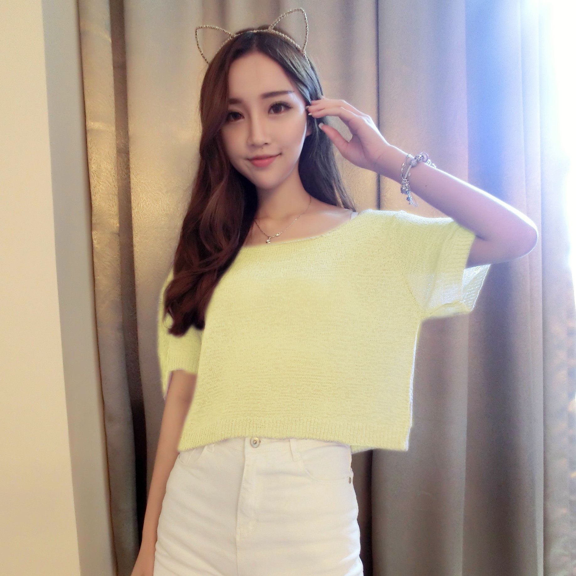 夏装圆领宽松套头短袖露肩薄针织衫女性感露背破洞镂空短款罩衫