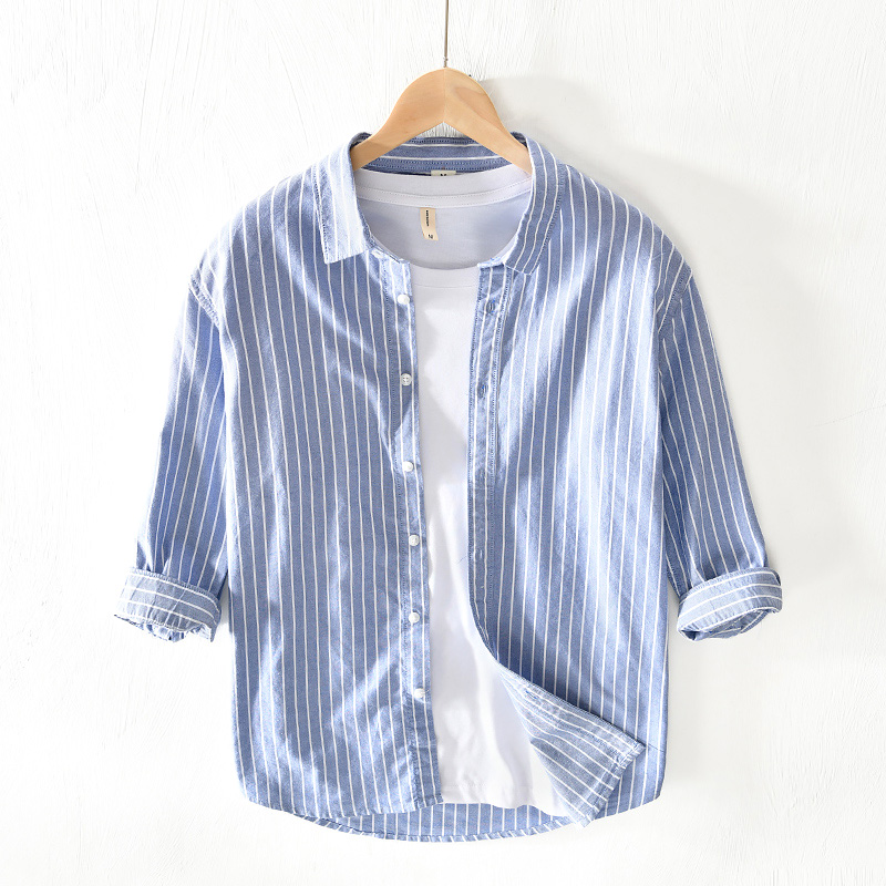 Summer Blue and White Stripes 70% 50% sleeves Shirt Men's Korean version Trend to take up Casual Half Sleeve Pure Cotton Shirt Blouses