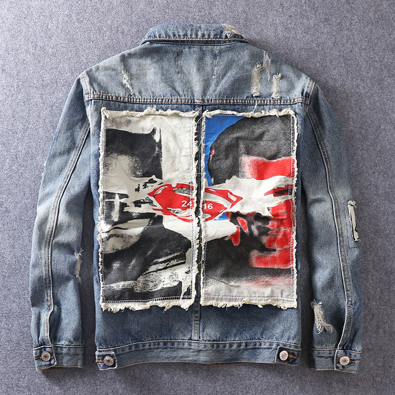 European and American street hip-hop Chains Cowboy Jacket Man Tide Card Fashion Cloth Patch Repair Breaking Hole Loose 100 Hitch Jacket