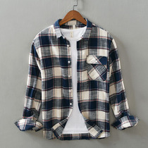 Japanese ancient loose casual plaid shirt men long sleeve cotton fashion fashion top Ruffian handsome color contrast shirt tide