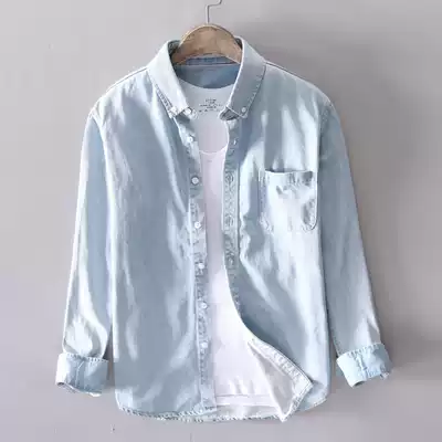 Japanese white long sleeve denim shirt men wear autumn thin casual shirt