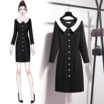 2021 popular skirt fashion temperament single-breasted contrast color stitching doll collar long-sleeved dress waist thin