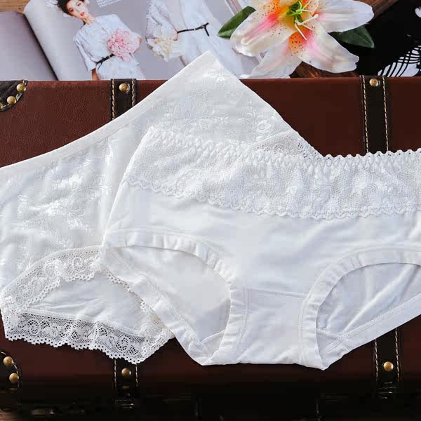 白色内裤女纯棉中腰全棉质面料性感蕾丝女生纯白色底裤三角裤