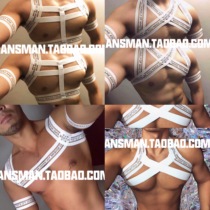 Nightclub DS Male GOGO acting out of clothing Tightness Strap Coat White Composition Hollowed-out Chest Strap White Groveling WP Elastic Band