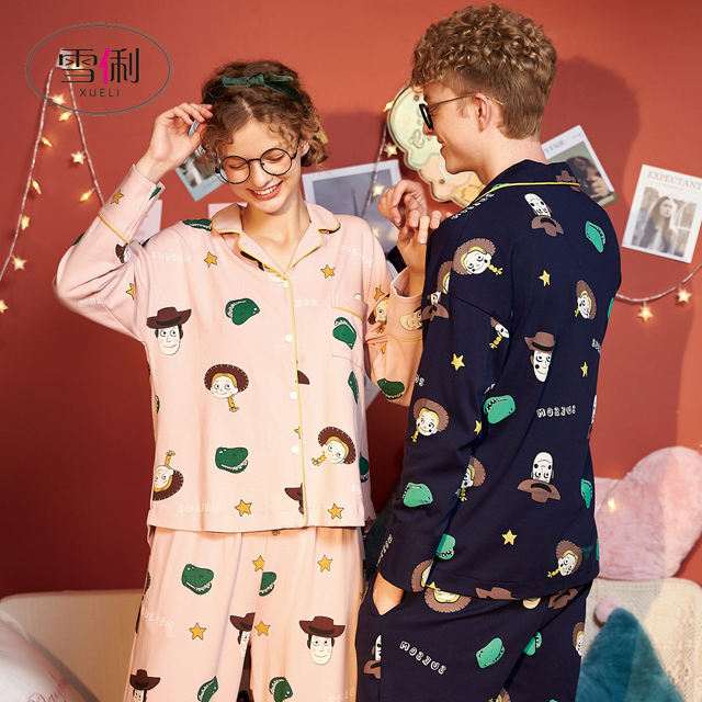 Couple pajamas spring and autumn female cotton long-sleeved cartoon home service male explosion models ins tide net red cute large size suit Couple pajamas spring and autumn female cotton long-sleeved cartoon home service male explosion models ins tide net red cute large size suit