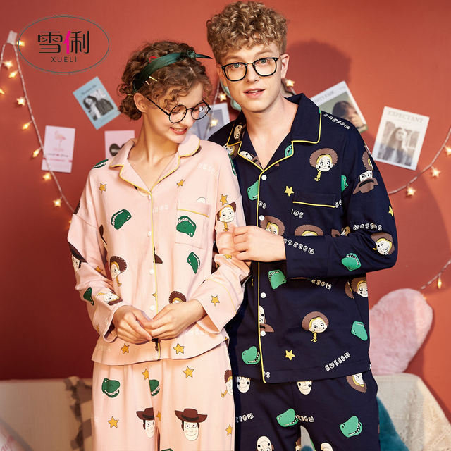Couple pajamas spring and autumn female cotton long-sleeved cartoon home service male explosion models ins tide net red cute large size suit Couple pajamas spring and autumn female cotton long-sleeved cartoon home service male explosion models ins tide net red cute large size suit