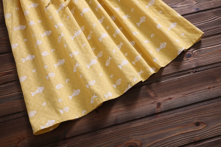 Mùa hè 2021 phim hoạt hình mới in váy ngắn tay nữ sinh trung học cơ sở váy chữ A thắt lưng cotton và lanh - A-Line Váy
