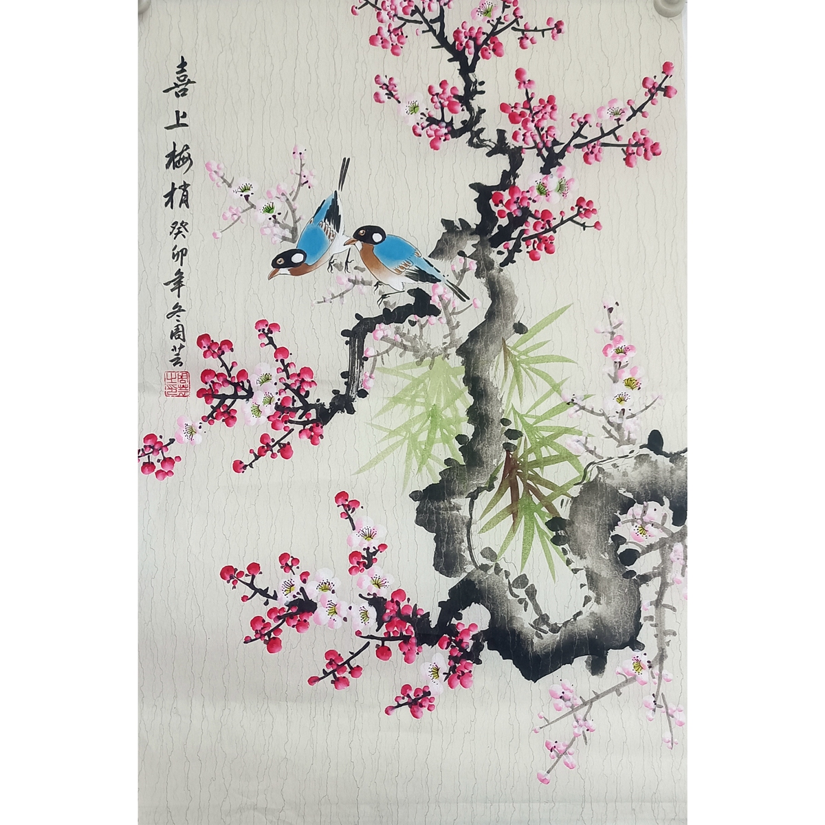 中国古美術・荷花鯉鱼図三尺画芯・啓功印款・水墨画・