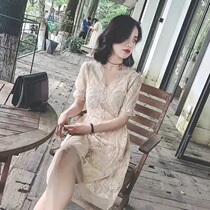 Salt-sweet egg summer court wind wearing orange infarction dress retro French lace dress