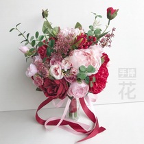 Red silk flower silk cloth simulation flower Bride wedding wedding bouquet flower ball forest pastoral bouquet fake flower