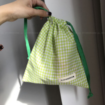 AL homemade grass green check storage bag portable makeup womens bag drawstring spring and summer bag Korean new product