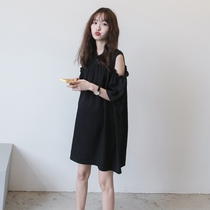 Pregnant Women summer 2021 fashion new sexy shoulder skirt solid color loose tide mom cotton linen long dress