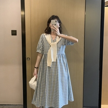 College Miss ~ pregnant women dress summer V collar out breastfeeding dress loose thin plaid knee long skirt tide