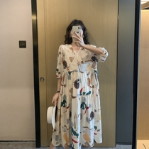 Holiday style ~ maternity dress Summer chiffon dress V-neck loose floral skirt plain elegant bohemian knee long skirt