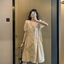 Kakchi close color stitching three pleated thread ~ maternity dress summer Korean version of niche personality long tide mother dress