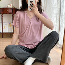 Month Subsuit Summer Thin postpartum Breastfeeding Easy casual Home Clothing Short Sleeves Pure Cotton Pregnant Woman Pyjamas 2 sets