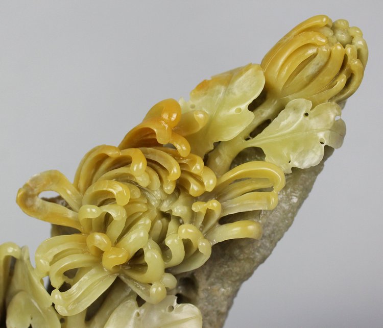 菊花【清雅】黄金耀 透雕 天然青田石雕刻摆件 高档纯手工艺术品_快乐