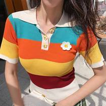(Color Daisy) knitted T-shirt womens short sleeve color striped polo collar 2021 spring new thin top