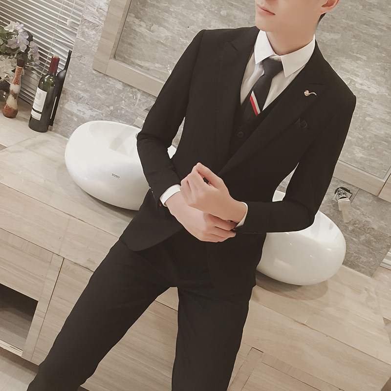 西服套装男新郎伴郎团结婚礼服修身韩版帅气正装夜场发型师三件套_不