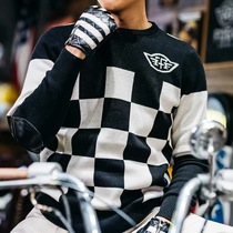 Foulu Garage 70s Autumn Winter Retro Chessboard Grid Wool Blend Sweater Male Vmx Casual Riding