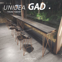 Industrial wind light luxury milk tea shop coffee shop solid wood table and chair combination wine bar table long table against wall window high table