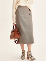 BEEWOOD Blue SYCAMORE PLAID Single BREASTED MID-length SKIRT One-step skirt High waist hip skirt Narrow skirt